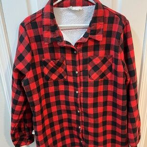 Ninexis Red & Black Plaid Fleece Lined long sleeve Button-Up warm Shirt size XL.